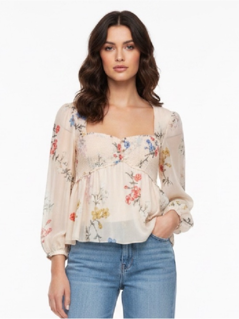 INTERMIX Cream Floral Smocked Peasant Silk Blouse 💗💗